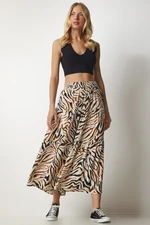 Happiness İstanbul Women's Beige Patterned Ruffle Viscose Skirt