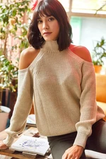 Olalook Women's Stone Half Turtleneck Open-Shoulder Loose Knitwear Sweater