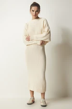 Happiness İstanbul Women's Cream Corduroy Knitwear Sweater Dress Suit