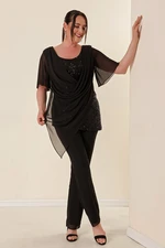 By Saygı Loose Collar Chiffon Stuffed Blouse Elastic Waist Lined Chiffon Trousers Plus Size 2 Evening Dress Tak