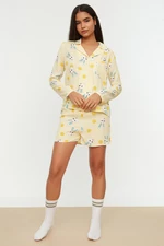 Trendyol Yellow Rabbit Printed Shirt-Shorts Woven Pajamas Set