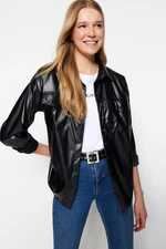 Trendyol Black Comfortable Cut Faux Leather Shirt with Pocket