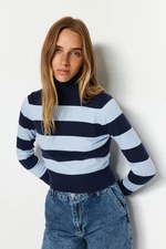 Trendyol Navy Blue Super Crop Premium/Special Thread Striped Knitwear Sweater