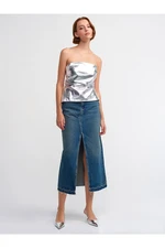 Dilvin 80555 Long Denim Skirt with Traces on the Bottom-Tint