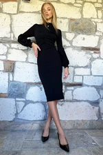 Trend Alaçatı Stili Women's Black Draped Waist Stand Up Collar Balloon Sleeve Dress Trend Alaçatı Stili Women's Black Draped Waist Stand Up Collar Balloon Sleeve Dress