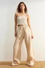 Trendyol Beige 100% Linen High Waist Wide Leg Pants with Elastic Waist.