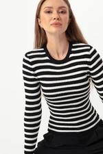 Lafaba Women's Black Striped Ribbed Lycra Knitwear Sweater