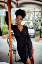 Black wrap dress with asymmetrical hem