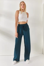 Olalook Women's Oil Blue Belted Weave Viscose Palazzo Pants