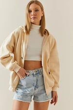 XHAN Beige Zippered Hooded Sweatshirt