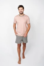 Pánské pyžamo Nikodem, krátký rukáv, krátké kalhoty - lososově růžová/střední melanž
