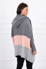 Tříbarevný svetr s kapucí grafit+pudrová růžová+šedá