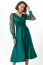 Lafaba Women's Emerald Green, Double Breasted Collar Silvery Midi Satin Evening Dress.