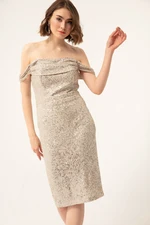 Lafaba Women's Beige Boat Collar Sequined Midi Evening Dress