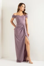 Lafaba Women's Lavender Double Breasted Lined Corset Detailed Long Silvery Evening Dress