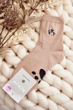 Beige women's cotton socks with teddy bear applique