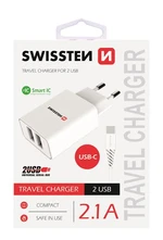 SWISSTEN SÍŤOVÝ ADAPTÉR SMART IC 2x USB 2,1A POWER + DATOVÝ KABEL USB / TYPE C 1,2 M, BÍLÁ