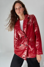 Trendyol Limited Edition Claret Red dvojradové zapínanie s tkanou podšívkou lakované kožené sako