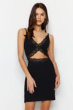 Trendyol Black Cotton Lace Detailed Ribbed Knitted Nightdress with Strap