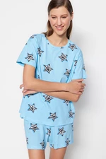 Trendyol Blue 100% Cotton Star Pattern T-shirt-Shorts Knitted Pajamas Set