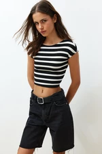 Trendyol Black Striped Crew Neck Moon Sleeve Crop Knitted Blouse