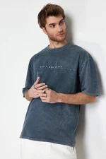 Trendyol Anthracite Oversize/Wide Cut Pale Effect Text Printed 100% Cotton T-Shirt