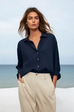 Trendyol Navy Blue Basic Oversize Wide Fit Woven Shirt