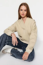Trendyol Stone Thick Fleece Hooded Comfort-Cut Crop Knitted Sweatshirt