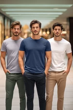 Trendyol šedá-ecru-indigo základní úzký střih 100% bavlna 3 balení tričko s výstřihem