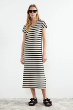Trendyol White Striped Knitted Look Polo Neck Maxi Knitted Maxi Dress