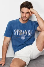 Trendyol Blue Relaxed/Comfortable Cut Faded Effect Text Printed Embroidery 100% Cotton T-Shirt