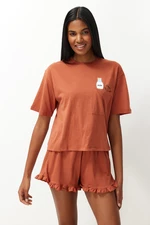 Trendyol Tile Cotton Printed T-shirt-Shorts Knitted Pajamas Set