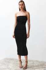 Trendyol Black Fitted Lined Shiny Silvery Knitted Elegant Evening Dress
