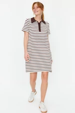 Trendyol Brown and White Striped Polo Neck A-Line/A-Line Form Knitted Dress