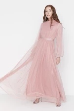 Trendyol Powder Coated Evening Dress with Tulle and Stone Detail, Belted on the Sleeves