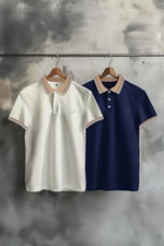 Trendyol Navy Blue-White 2 Pack Slim/Narrow Cut Deer Embroidered 100% Cotton Polo Neck T-Shirt