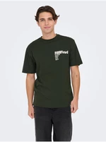 Tmavě zelené pánské tričko s krátkým rukávem ONLY & SONS Pink Fl - Pánské