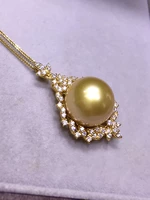 Nanyang Golden Pearl Natural Gold Yellow Nanyang Pearl Pendant with Diamonds 11-16mm Round Extremely Bright Seawater Pearl