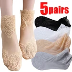 5pairs Lace Flower Mesh Invisible Socks Thin Ladies Elastic Boat Socks For Women Hollow Non-slip Shallow Anklet Socks Meias