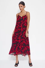 Trendyol Red Floral Print Straight Cut Maxi Woven Chiffon Lined Woven Dress