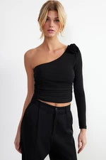 Trendyol Black Rose Detailed Asymmetrical Collar Fitted Flexible Knitted Blouse