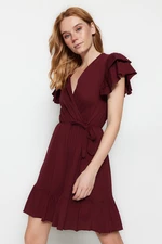 Trendyol Claret Red 100% bavlnená volánik detailné dvojradové mini pletené šaty s volánovým detailom na rukávoch