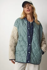 Happiness İstanbul Women's Water Green Cream Block-Colored Oversize Quilted Coat