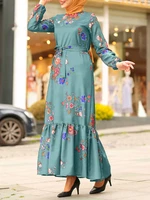 Women Floral Print Lace-Up Ruffle Hem Long Sleeve Retro Maxi Dresses