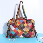 Women Genuine Leather Contrasting Color Plaid Stitching Crossbody Bag Large-capacity Waterproof Shoulder Bag Handbag