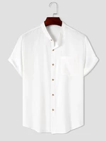 Mens Solid Color Stand Collar Chest Pocket Short Sleeve Shirts