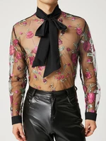 Men Mesh See Through Embroidered Floral Bow Tie Neck T-Shirt