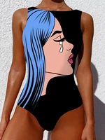 Abstract Figure Print Sleeveles Backless One-Piece Summer Beach Swimwear For Women
