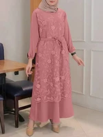 Women Flowers Embroidery Stitching Lace Up Casual Elastic Cuffs Maxi Dresses