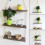 Brown Wooden Wall Storage Rack Rope Hanging Plant Flower Pot Shelf Home Decor